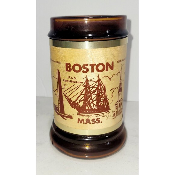 Unknown Other - Vintage 70s BOSTON MA Amber Glass & Wood Souvenir/Collector’s Beer Stein Mug EUC
